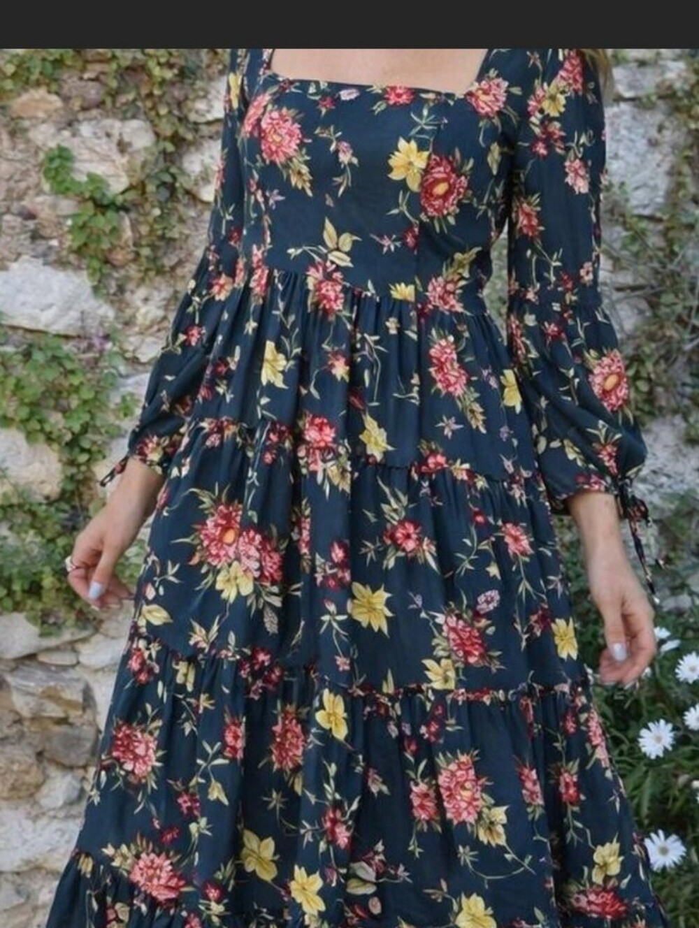 Anthropologie Navy Floral Tiered Maxi Dress with Red & Yellow Blooms